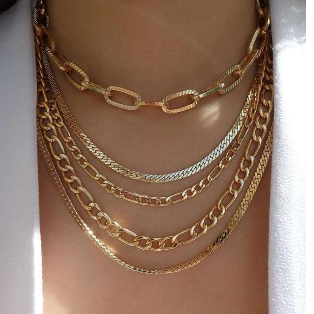 Fashion-forward gold necklace with an assortment of modern styles