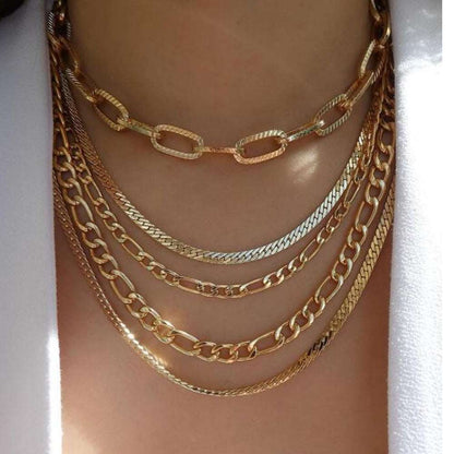 Fashion-forward gold necklace with an assortment of modern styles